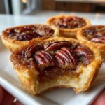 A close-up of a delicious mini pecan pie with a bite taken out, showing the gooey filling and flaky crust. More mini pecan pies are blurred in the background.