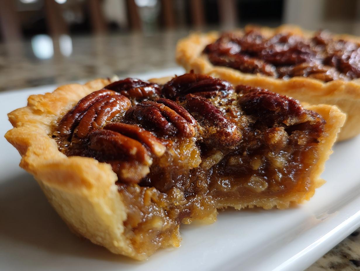 Close-up of a freshly baked mini pecan pie with a bite taken out, showing the gooey filling and pecan topping.