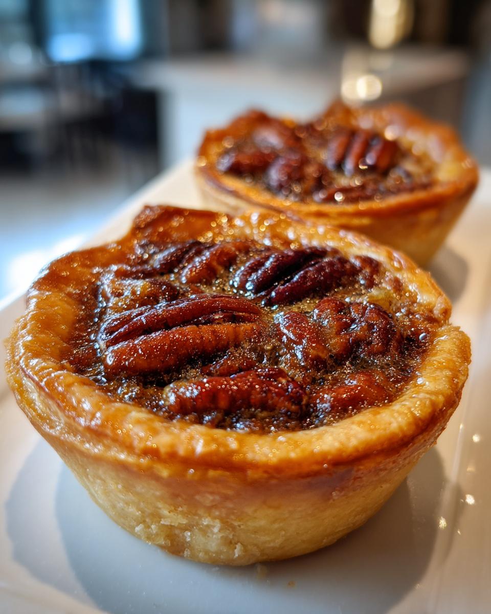 A close-up, shallow depth-of-field photo of a freshly baked mini pecan pie with a glossy, caramelized topping.