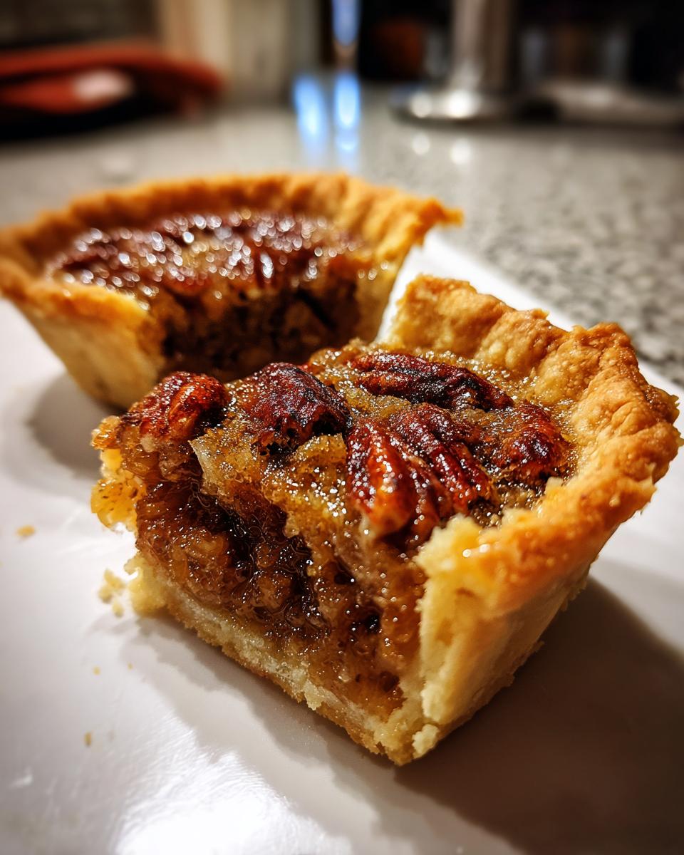Close-up of a cross-section showing the gooey filling and pecans in one of the mini pecan pies.