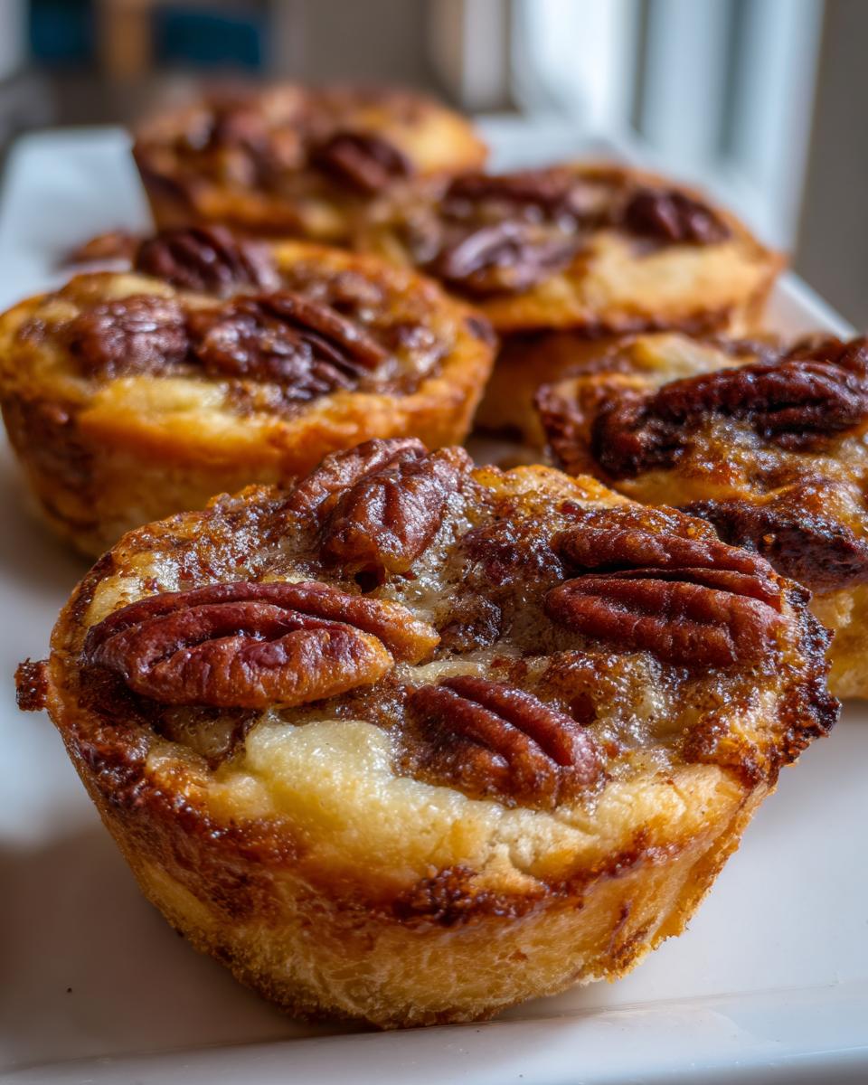 A close-up, shallow depth-of-field photo of several freshly baked mini pecan pies topped with whole pecans.