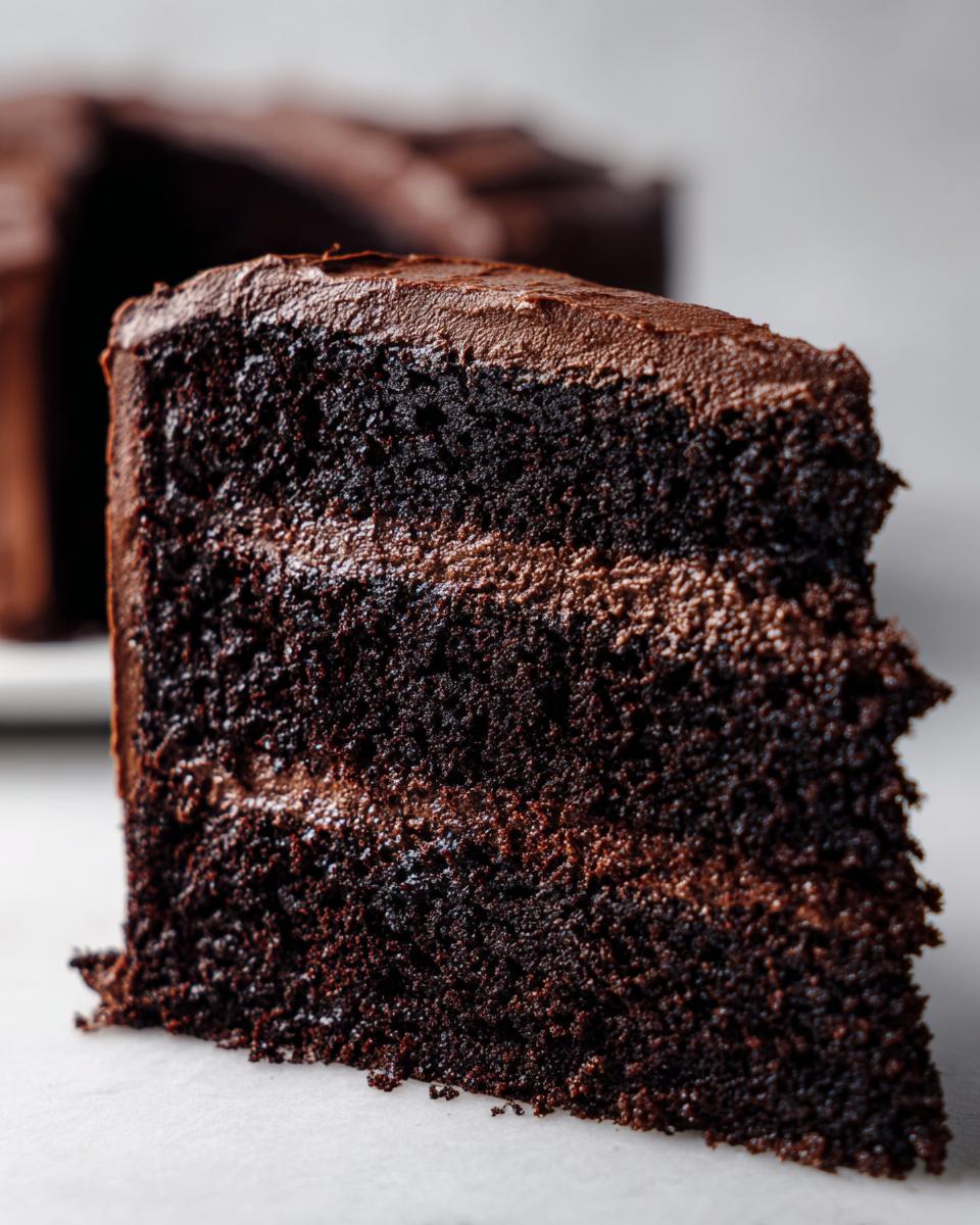 Close-up of a thick, moist slice of multi-layered chocolate cake with rich chocolate frosting.