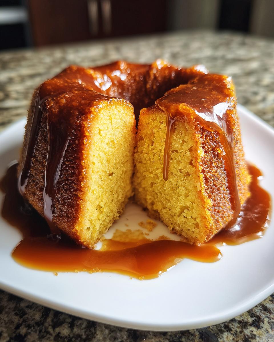 A moist Bacardi Rum Cake, cut in half to show the texture, generously topped with a rich caramel glaze.