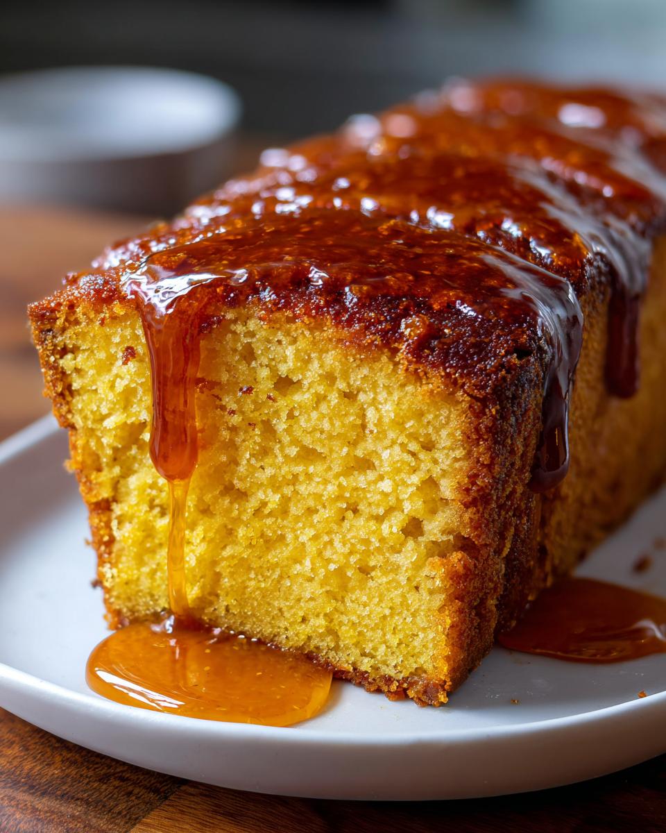 Close-up of a slice of moist Bacardi rum cake being drenched in a rich, amber-colored rum glaze.