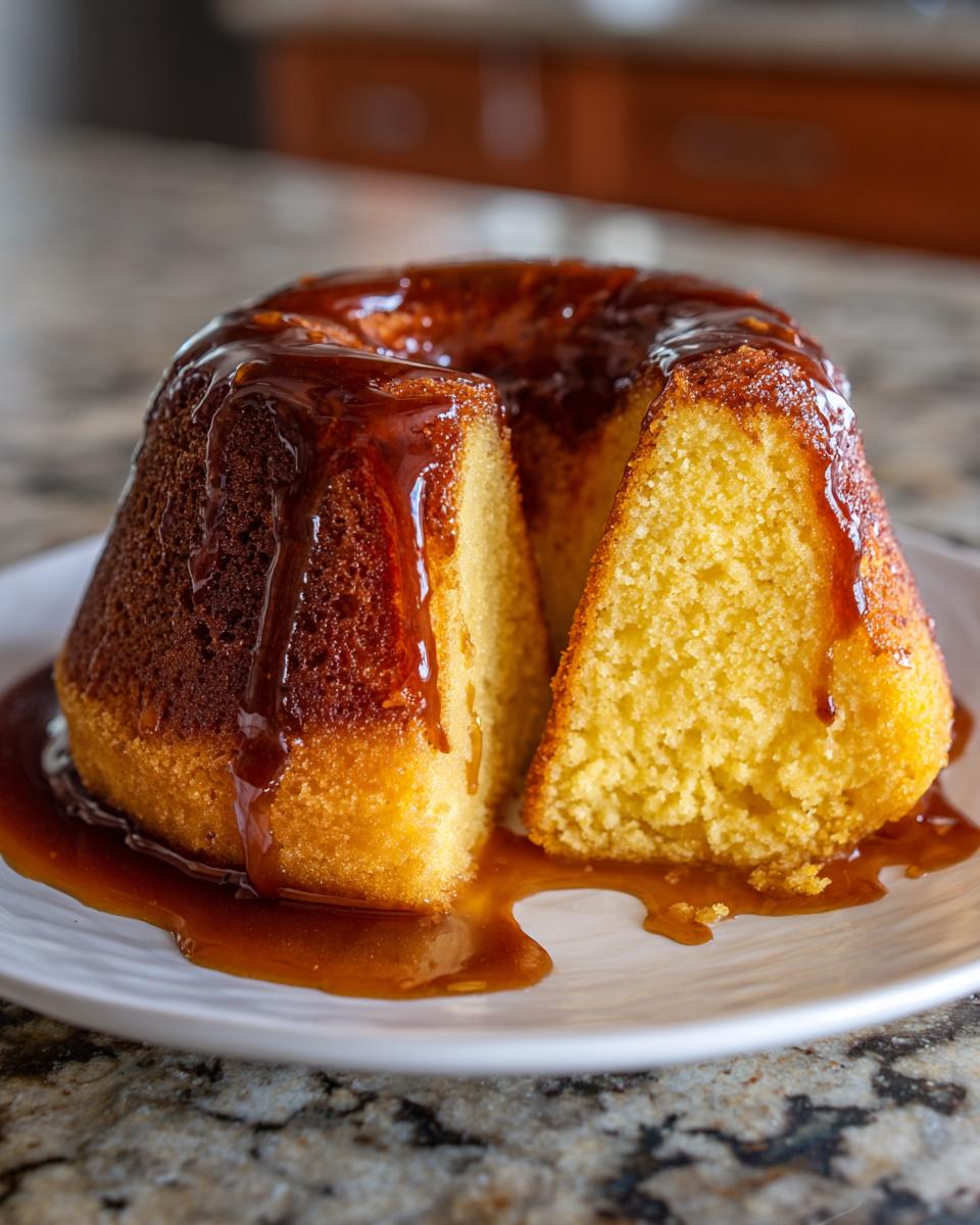 A slice cut from a moist Bacardi rum cake drizzled heavily with a rich, dark caramel glaze.