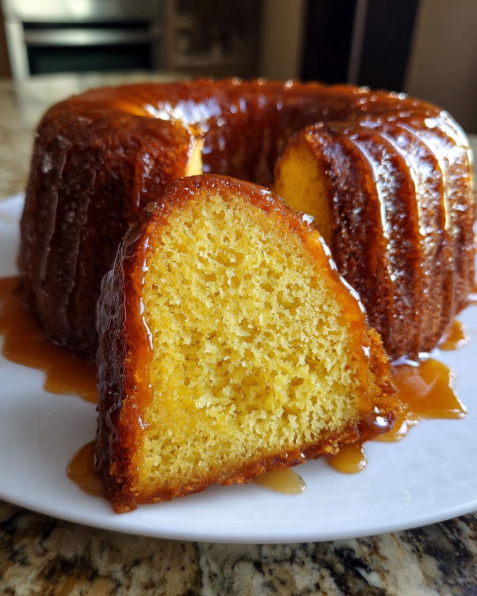 Close-up of a moist slice of Bacardi rum cake showing the yellow crumb texture, covered in a rich rum glaze.