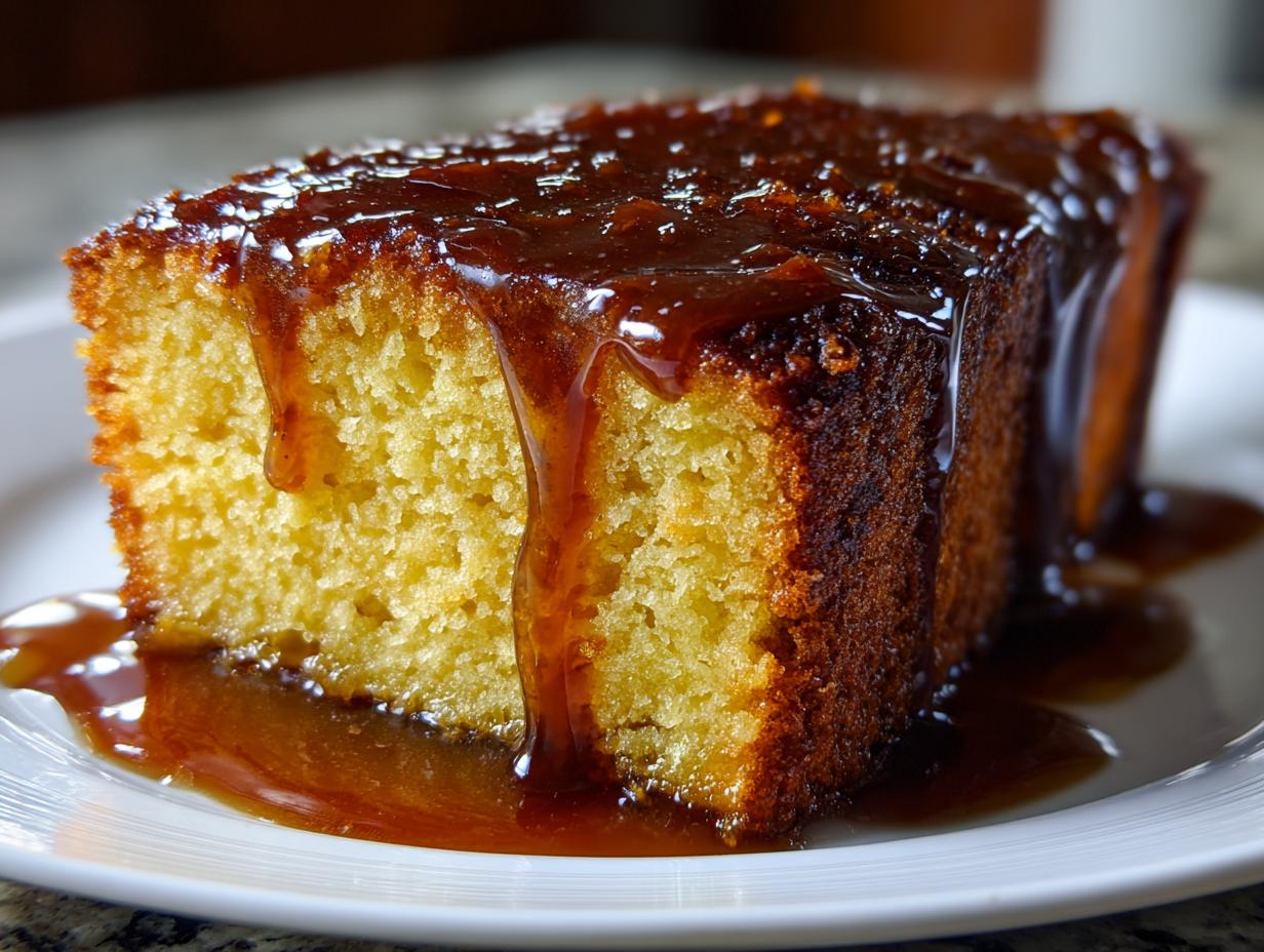 Close-up of a moist slice of Bacardi rum cake generously covered in a thick, dripping rum glaze.