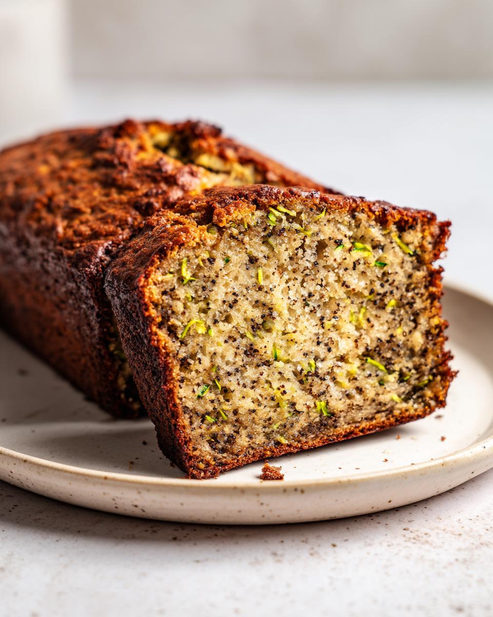 Close-up of a moist slice of banana zucchini bread showing green zucchini shreds and dark poppy seeds throughout the crumb.