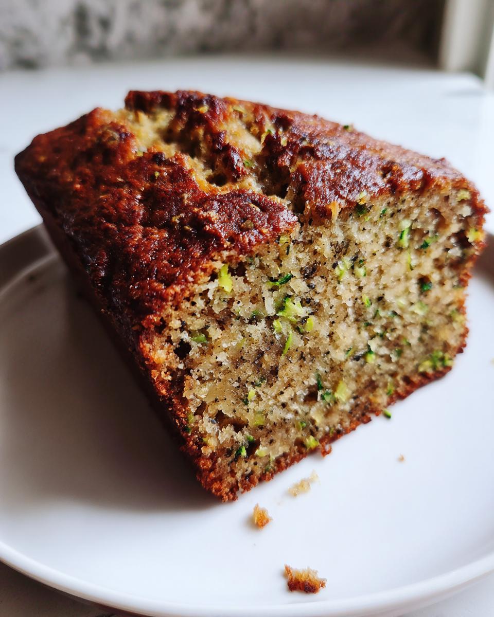 Close-up of a moist slice of banana zucchini bread showing visible green shreds of zucchini on a white plate.