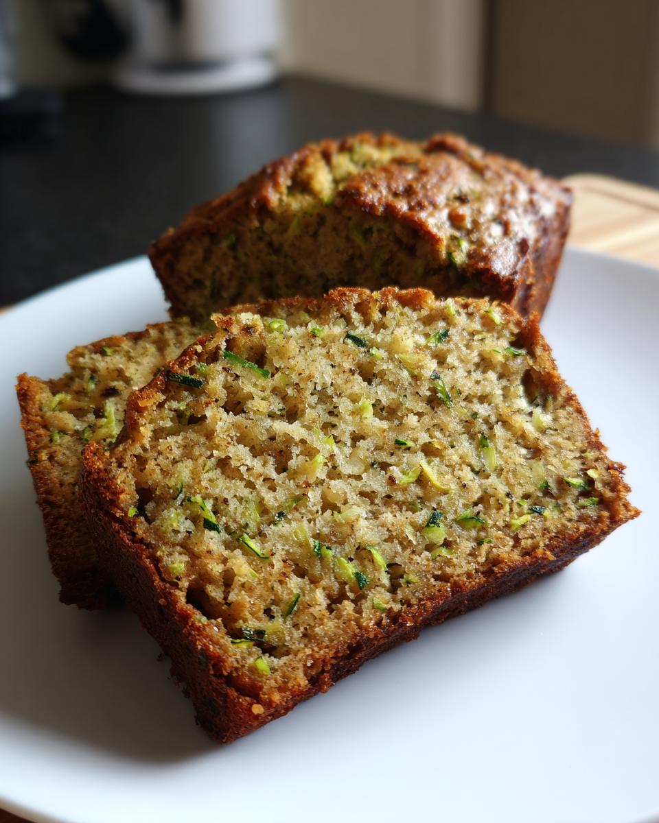 Close-up of moist banana zucchini bread slices showing visible green shreds of zucchini throughout the crumb.