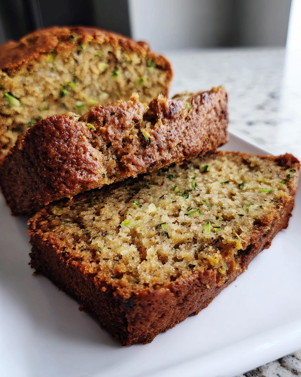 Two thick slices of moist banana zucchini bread showing flecks of green zucchini, served on a white plate.
