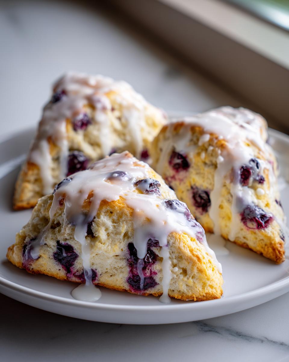 Three triangular blueberry scones topped with thick, dripping vanilla glaze, resting on a white plate.