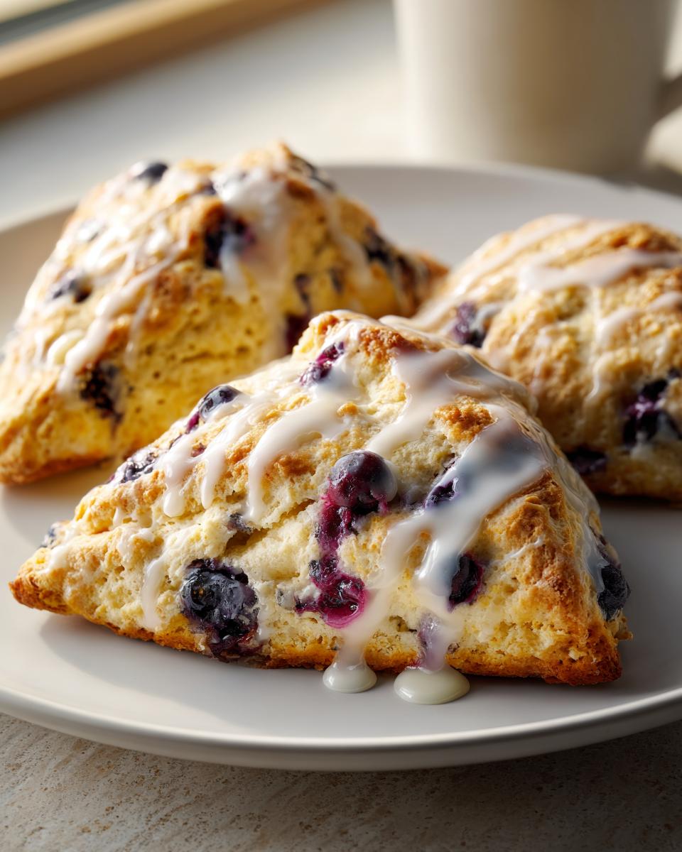 Close-up of three flaky blueberry scones drizzled with a thick vanilla glaze, served on a light plate.