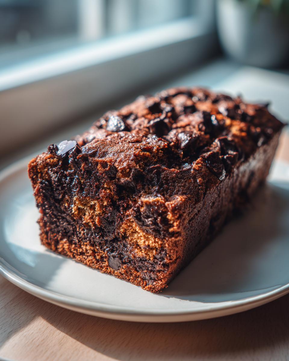 A freshly baked, moist chocolate banana bread loaf topped generously with melted chocolate chips, sitting on a white plate.