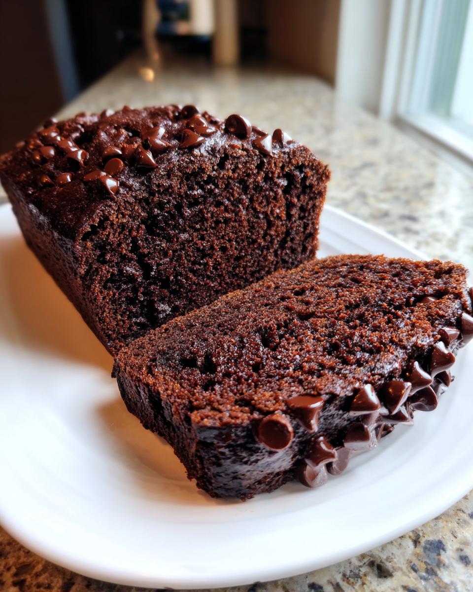 A slice cut from a loaf of moist chocolate banana bread topped with melted chocolate chips.