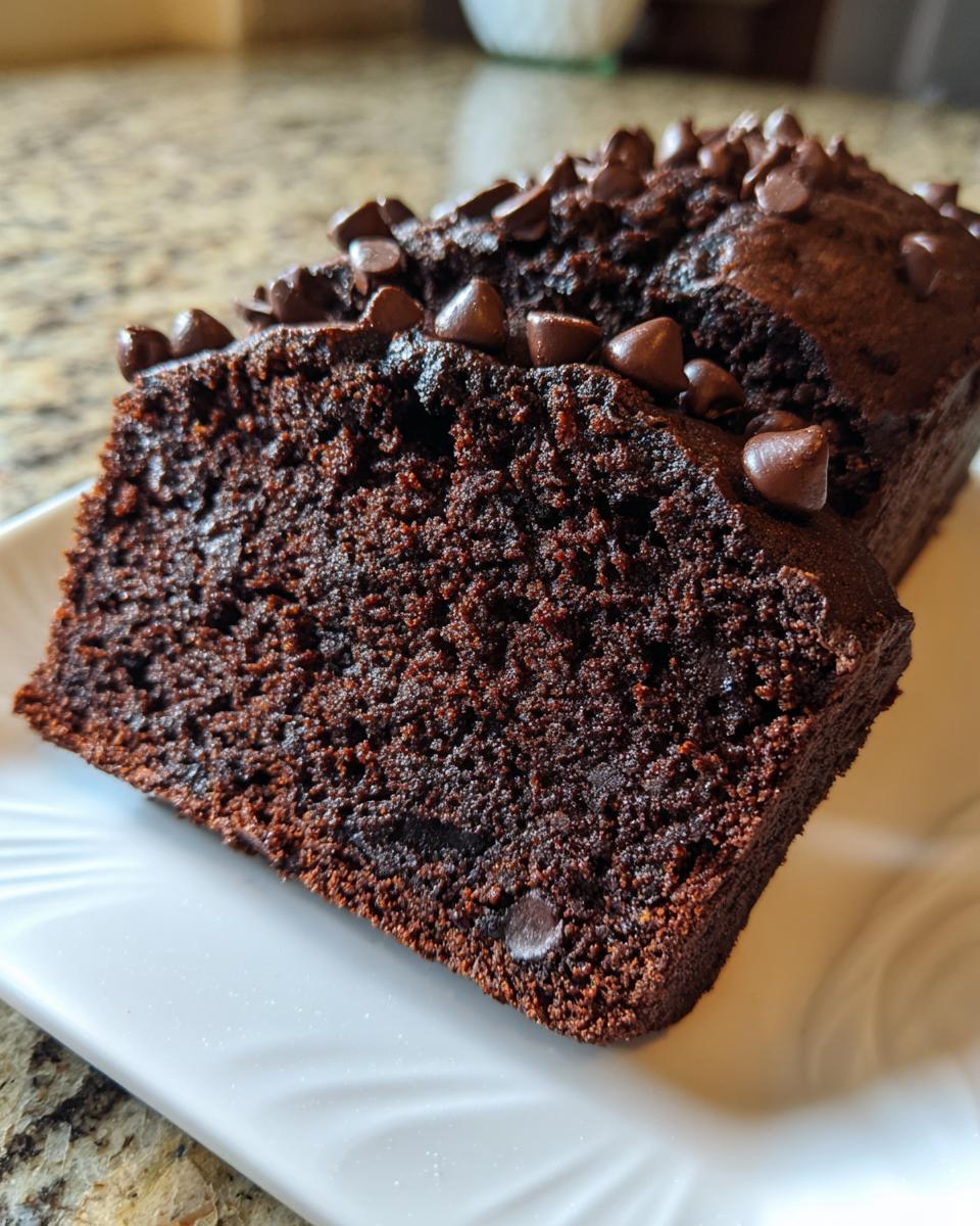 Close-up of a moist slice of chocolate banana bread topped with chocolate chips.