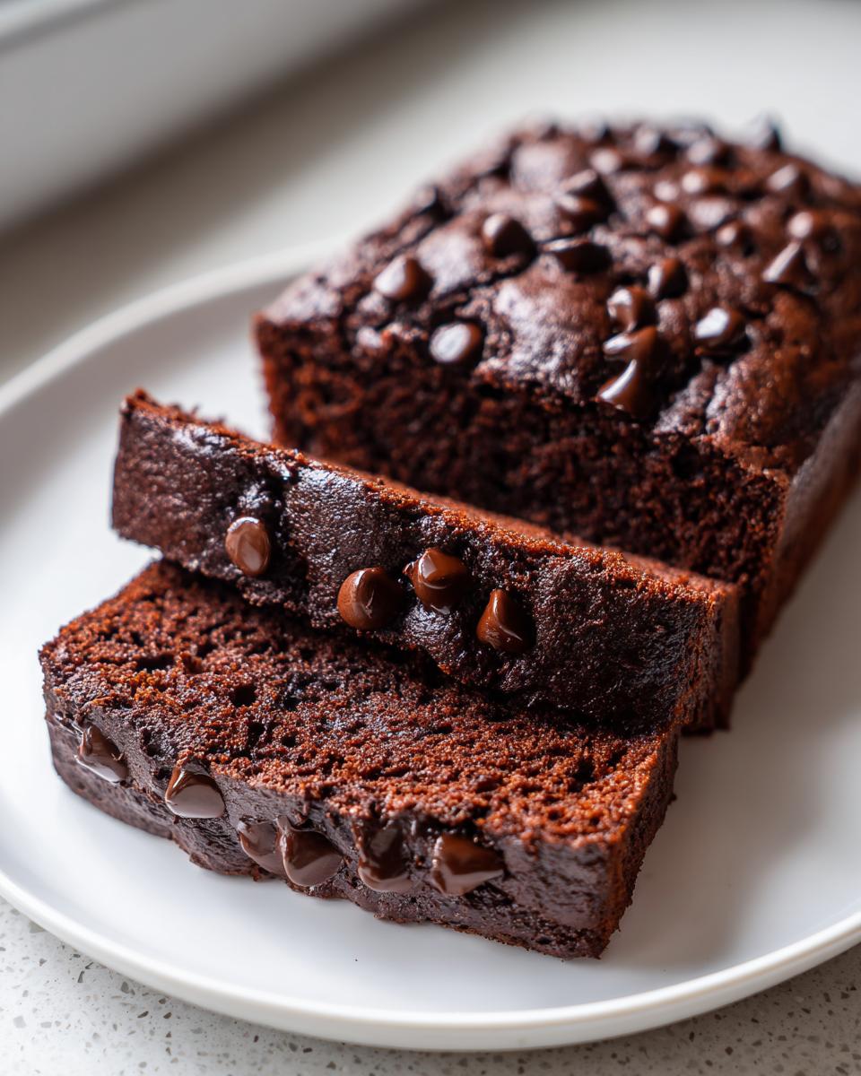 Close-up of moist chocolate banana bread, sliced and topped with melted chocolate chips, served on a white plate.