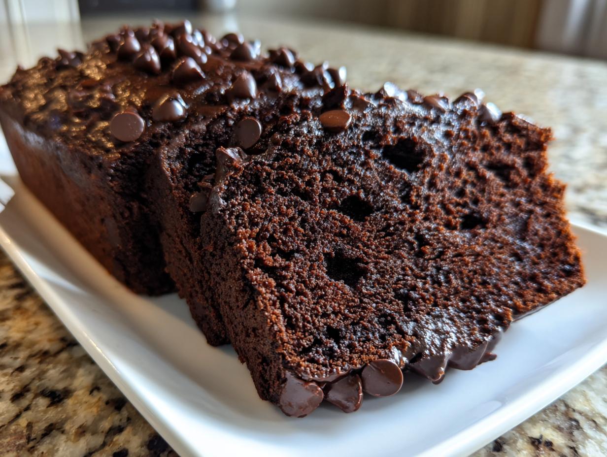 Close-up of moist chocolate banana bread, sliced and topped with melted chocolate chips.