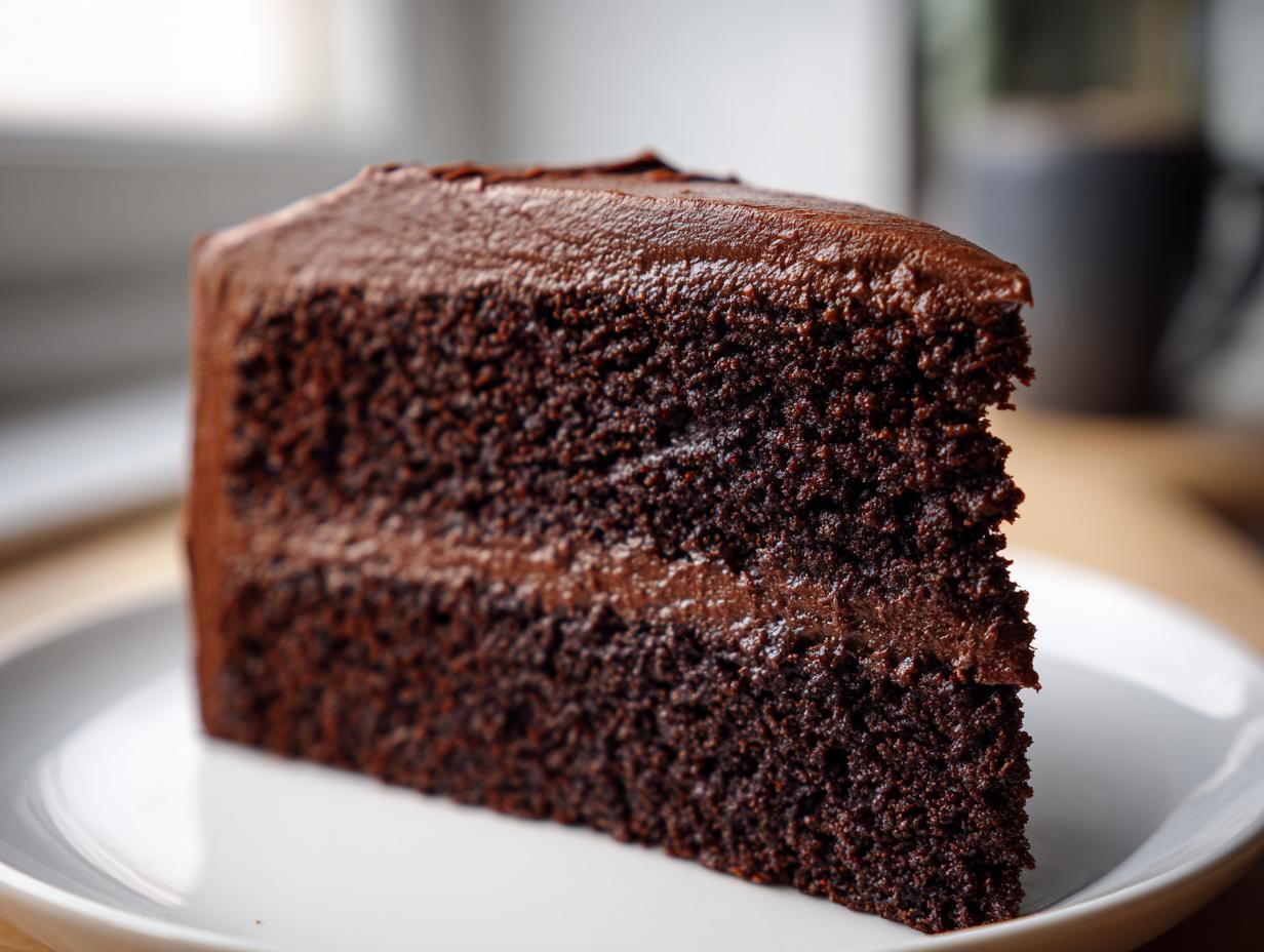 Close-up of a thick slice of moist chocolate cake layered with dark chocolate frosting.