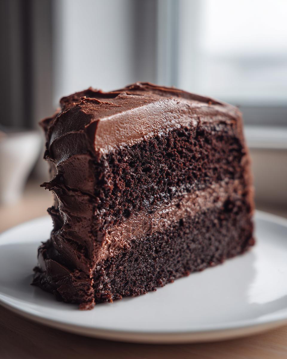 A close-up of a thick slice of moist chocolate cake layered with dark chocolate frosting.