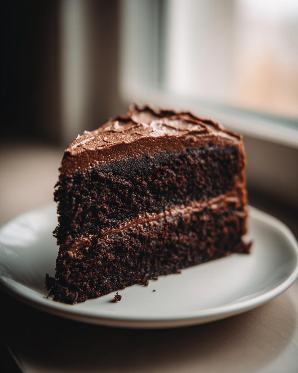 A close-up of a rich, dark slice of moist chocolate cake with thick chocolate frosting, sitting on a white plate.