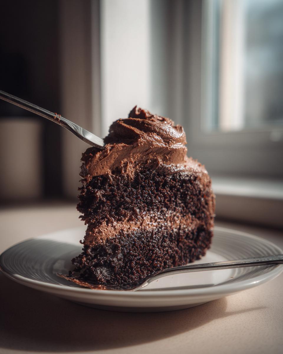 A close-up of a slice of moist chocolate cake with rich frosting, being sampled with a fork.