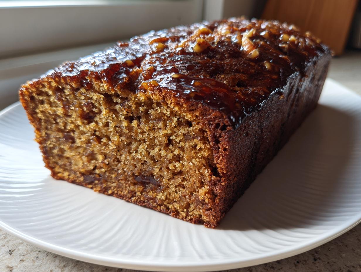 A close-up of a freshly baked, moist date nut bread loaf with a shiny, sticky glaze and visible nuts on top.