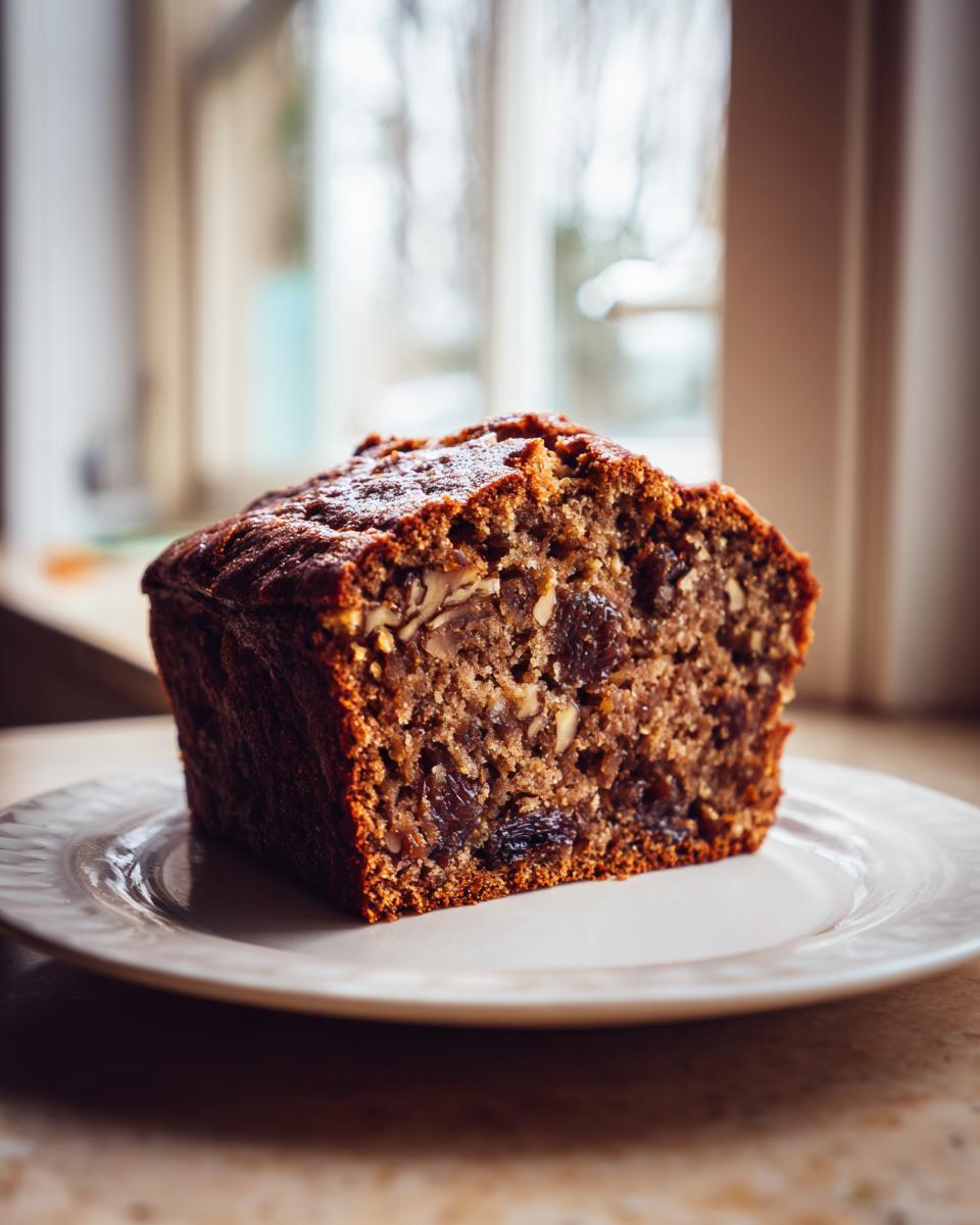 Close-up of a thick slice of moist date nut bread, rich with visible dates and walnuts, served on a white plate.