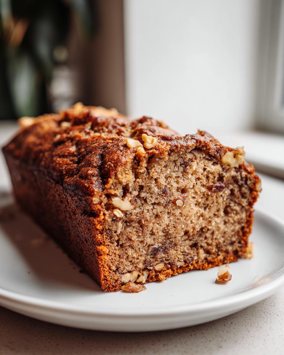 A close-up shot of a moist slice of date nut bread topped with walnuts, resting on a white plate.