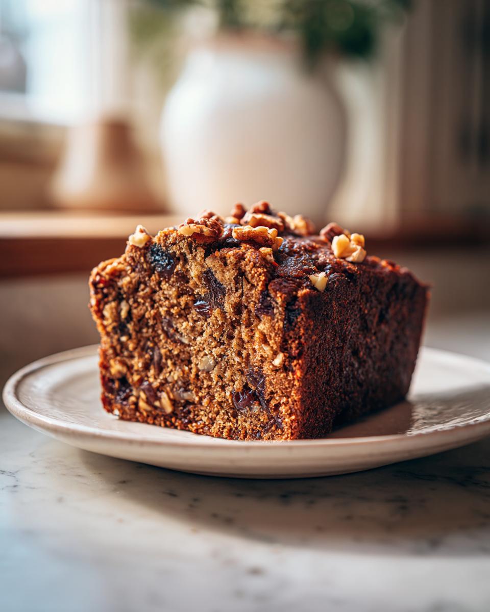 A close-up of a moist slice of date nut bread, rich in texture and topped with walnuts, served on a small plate.