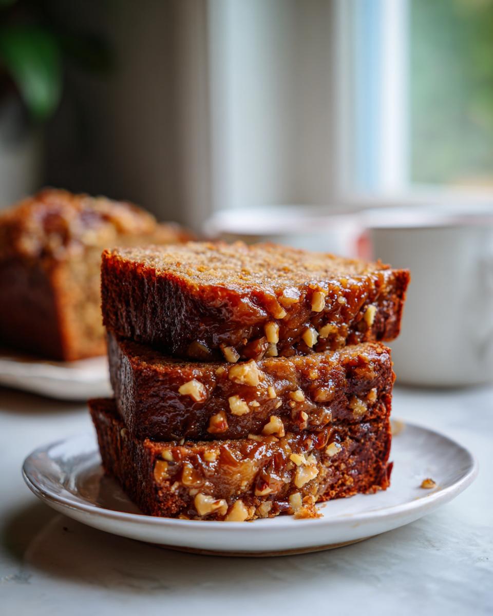 Three stacked slices of moist date nut bread topped with a sticky, glossy caramel nut glaze.