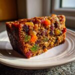 A close-up, sunlit slice of super moist fruit cake packed with colorful candied fruits and nuts.