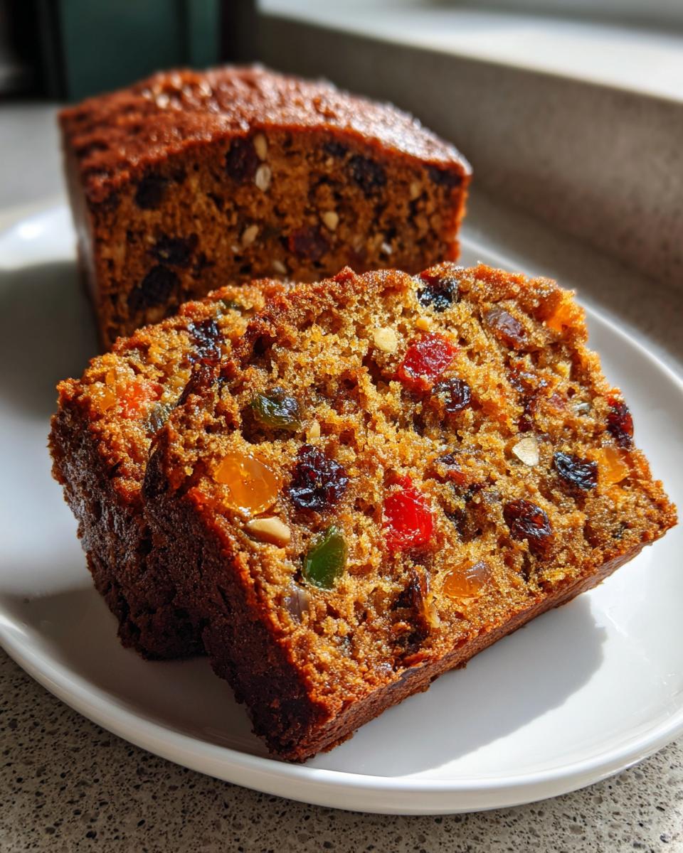 Close-up of two moist slices of fruit cake loaded with colorful candied fruit and raisins, placed on a white plate.