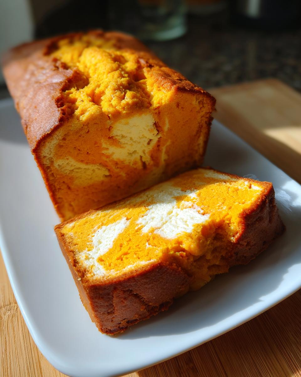 A golden-brown loaf of pumpkin cream cheese bread, partially sliced, showing the vibrant orange pumpkin swirl and white cream cheese filling.