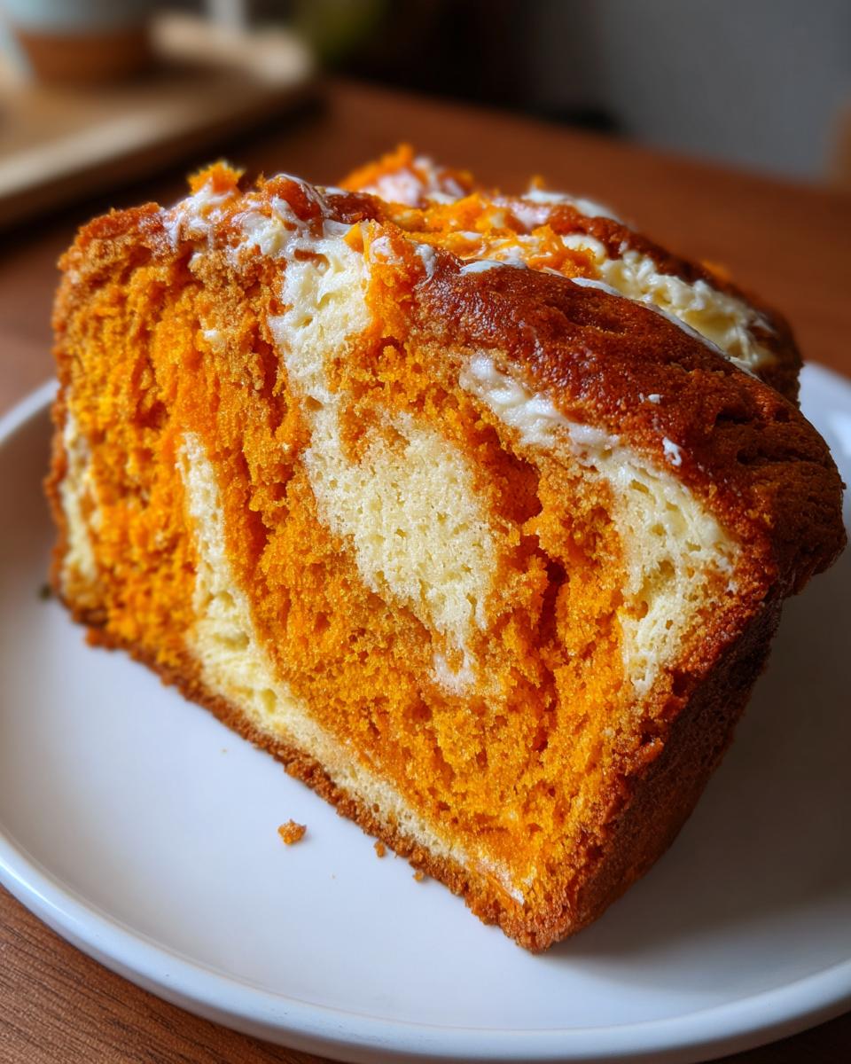 Close-up of a thick slice of marbled pumpkin cream cheese bread showing bright orange and white swirls.