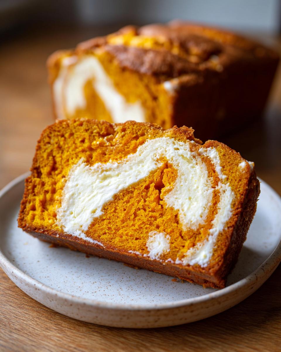 Close-up of a moist slice of pumpkin cream cheese bread showing the orange pumpkin swirl and white cream cheese filling.