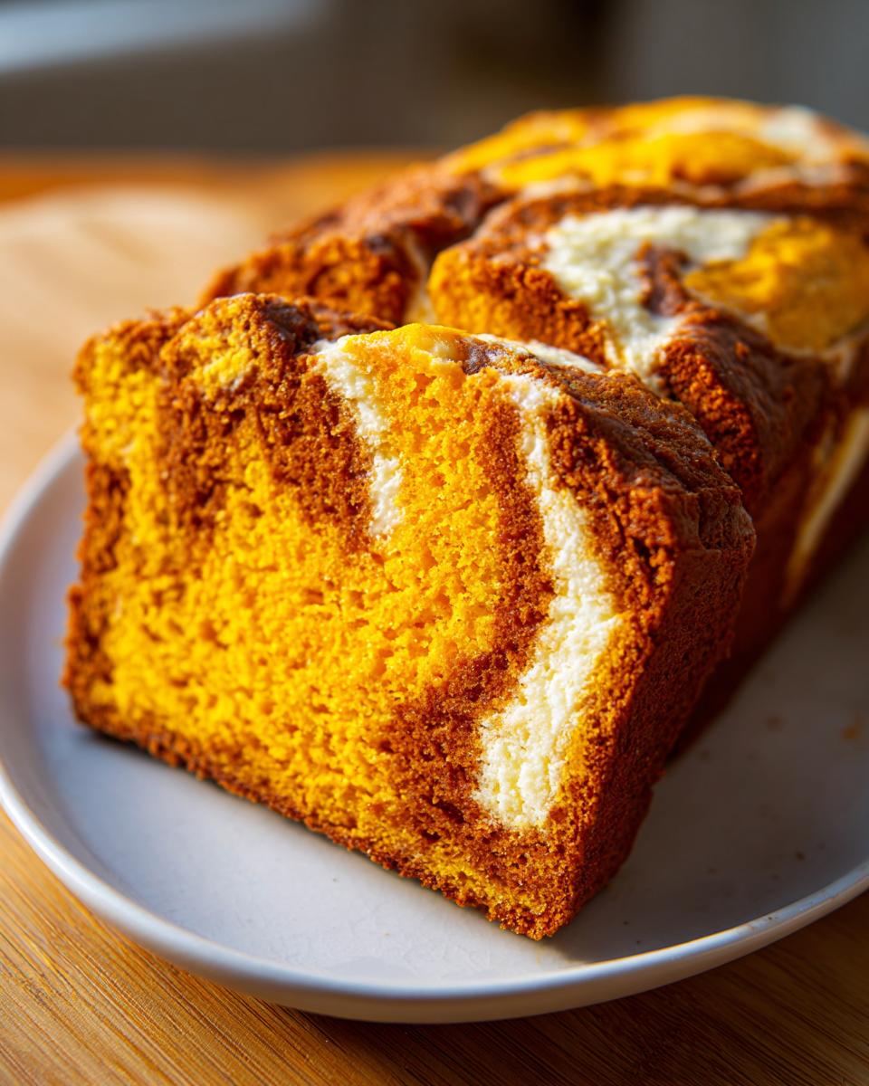 Close-up of moist pumpkin cream cheese bread slices showing a beautiful orange and white swirl pattern.