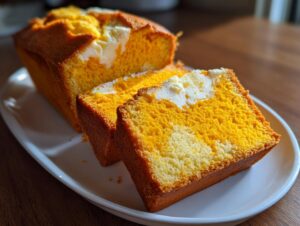 Close-up of a moist pumpkin cream cheese bread loaf, sliced to show the bright orange pumpkin batter swirled with white cream cheese filling.