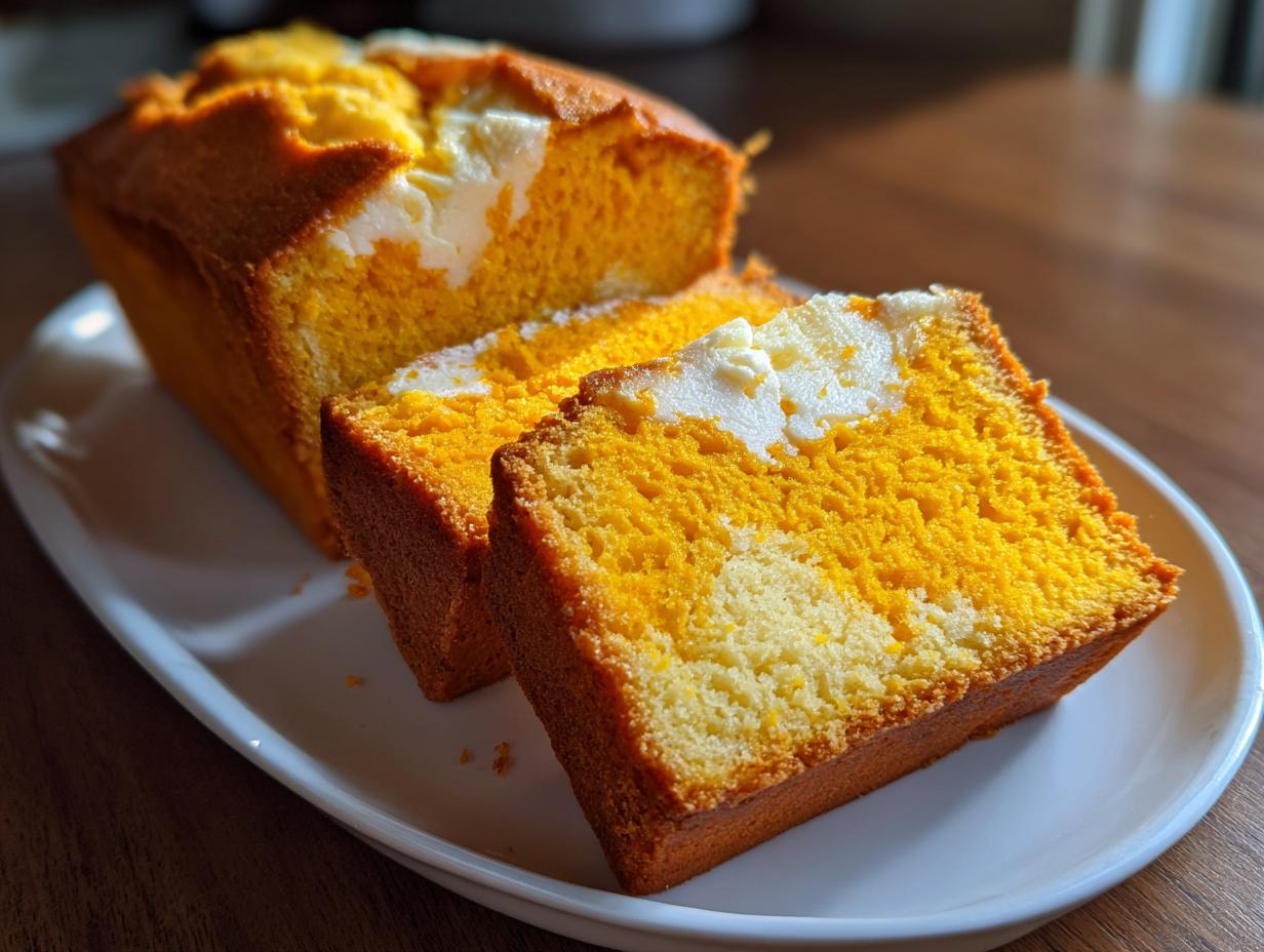 Close-up of a moist pumpkin cream cheese bread loaf, sliced to show the bright orange pumpkin batter swirled with white cream cheese filling.