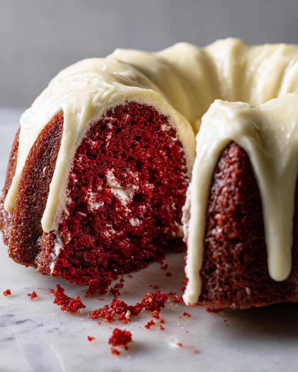 Close-up of a moist red velvet bundt cake with a thick, white cream cheese glaze dripping down the sides.