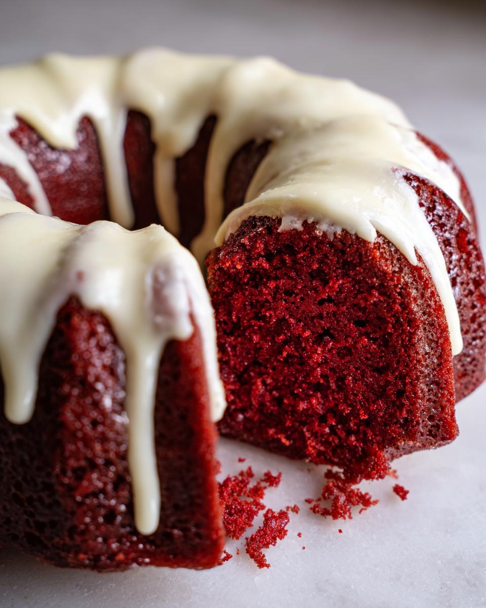 Close-up of a moist red velvet bundt cake with a thick white glaze dripping down the sides, one slice removed.