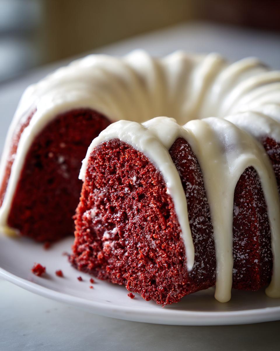 Close-up of a slice cut from a moist red velvet bundt cake topped with thick white cream cheese glaze.