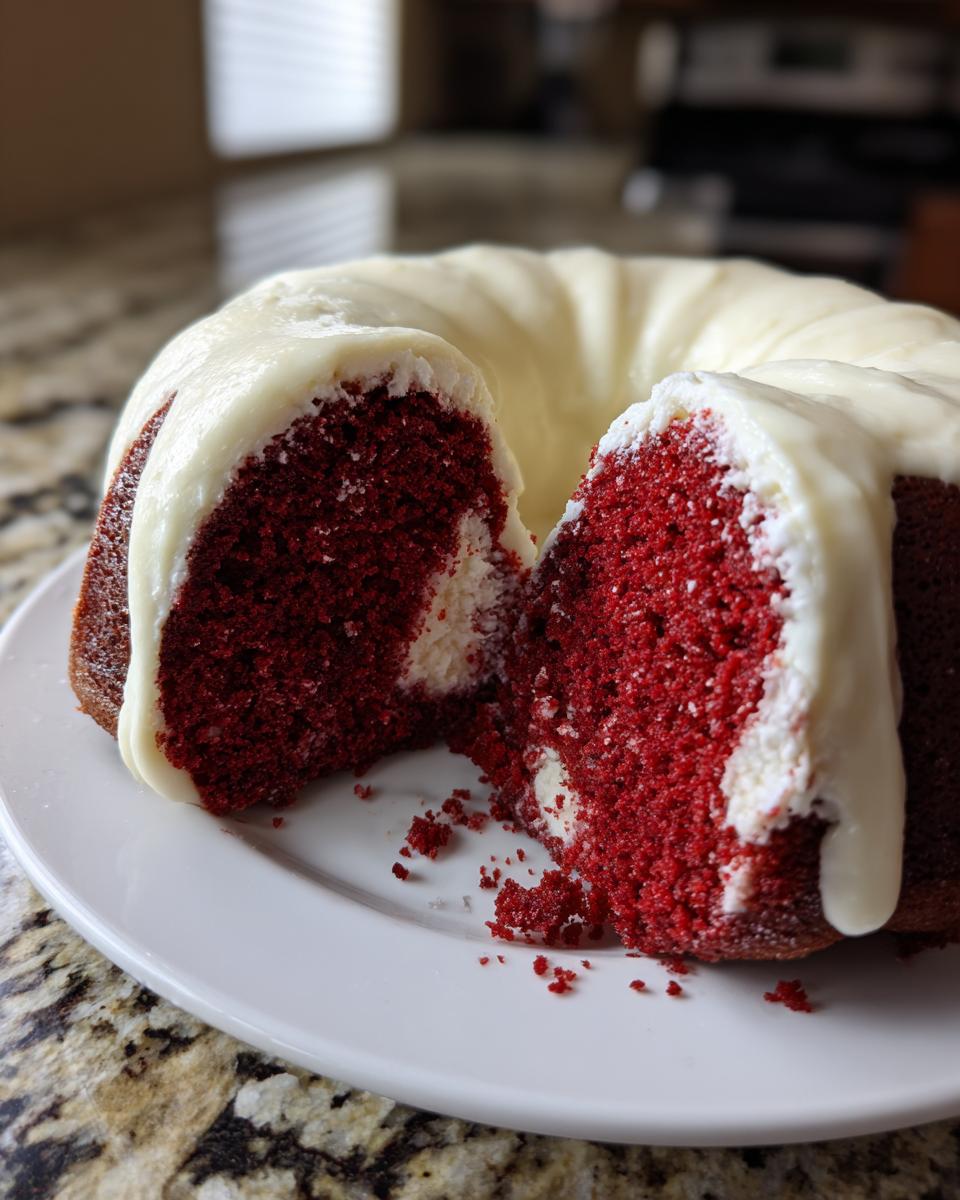 A slice cut from a moist red velvet bundt cake topped with thick cream cheese frosting.