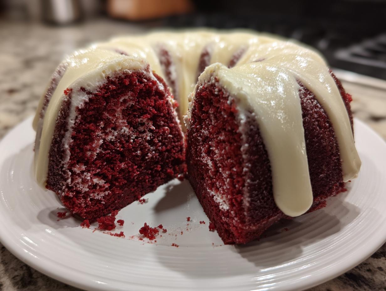 A moist red velvet bundt cake, sliced open to show the deep red crumb and topped with thick white cream cheese glaze.