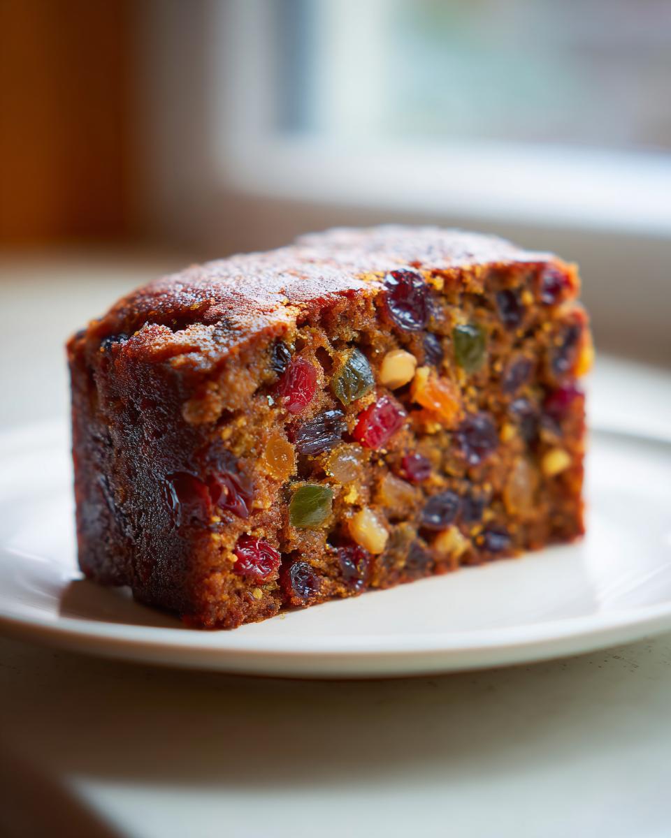 Close-up of a thick, moist slice of fruit cake packed with colorful candied fruits and nuts on a white plate.