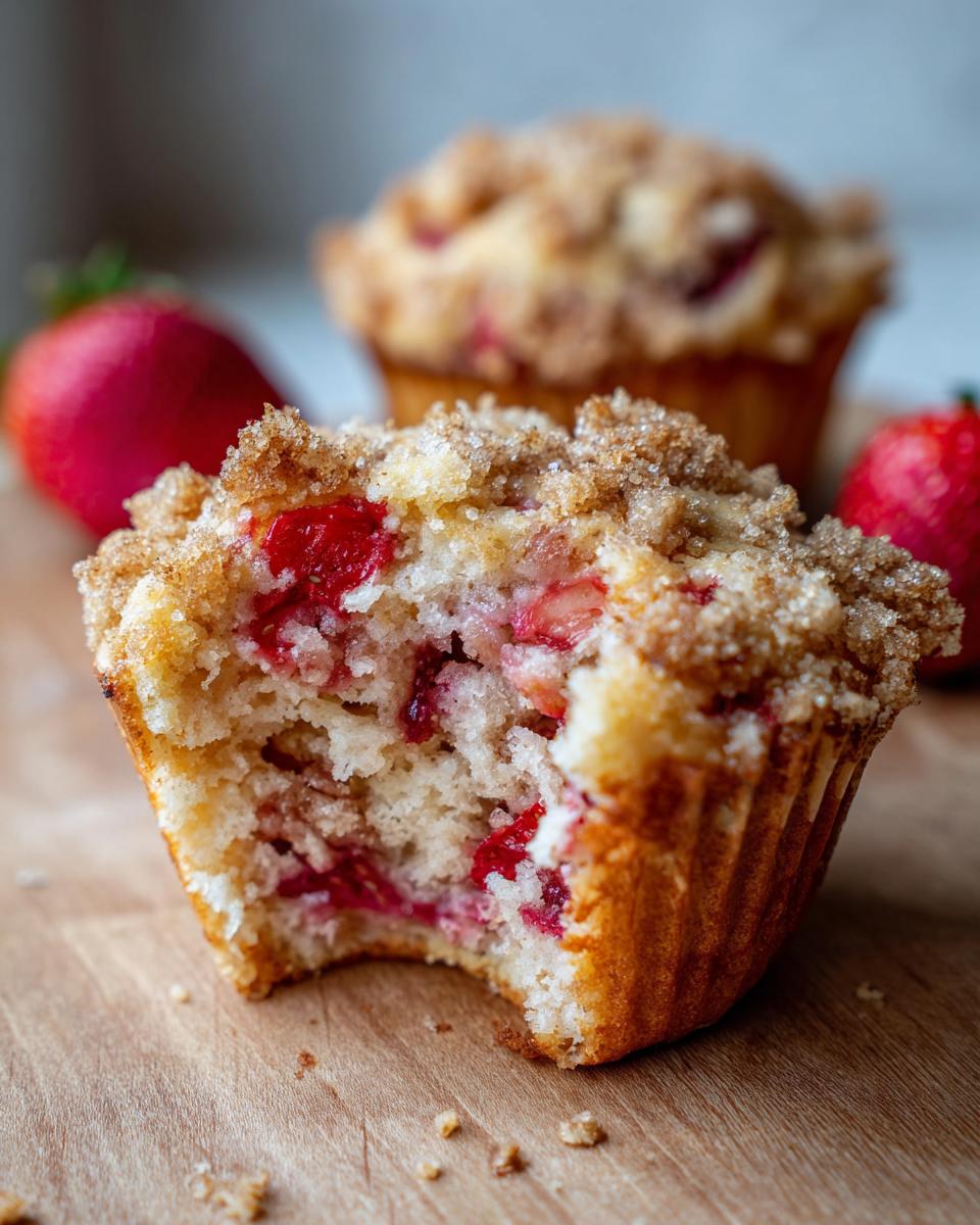Close-up of a moist strawberry muffins with a bite taken out, showing fresh strawberries and a sugary crumb topping.