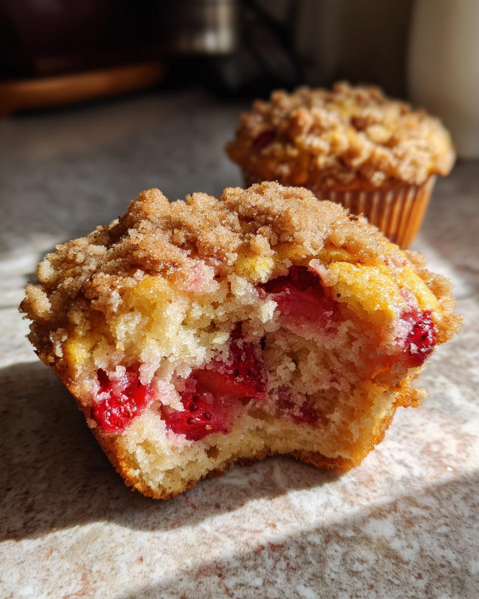 Close-up of a moist strawberry muffins with a bite taken out, showing fresh strawberries and cinnamon streusel topping.