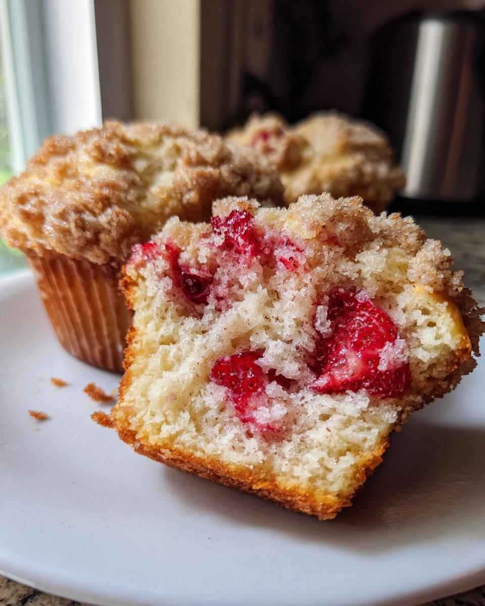 Cross-section view of a moist strawberry muffin showing bright red fruit pieces inside and a sugary crumb topping.