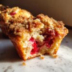 Close-up of a moist strawberry muffin broken open, showing bright red fruit filling and a sugary crumb topping.