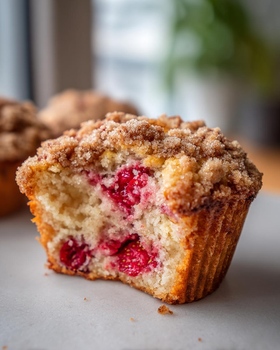 Close-up of a moist strawberry muffins cut in half, showing bright red berries and a sugary crumb topping.